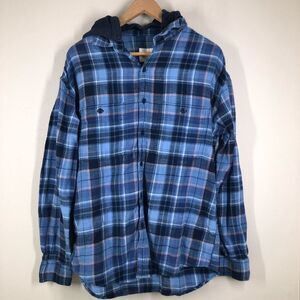 American Eagle Men’s Blue Plaid Hoodie Flannel Removable Hood Size Medium